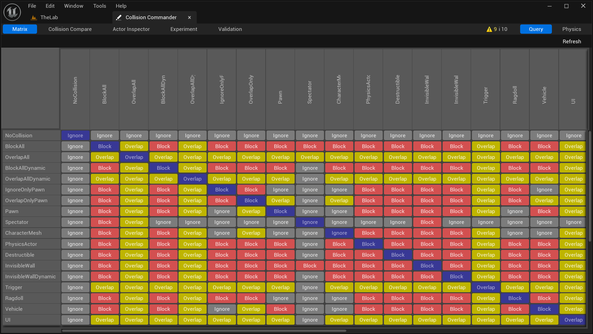 Collision Matrix panel in Unreal Editor