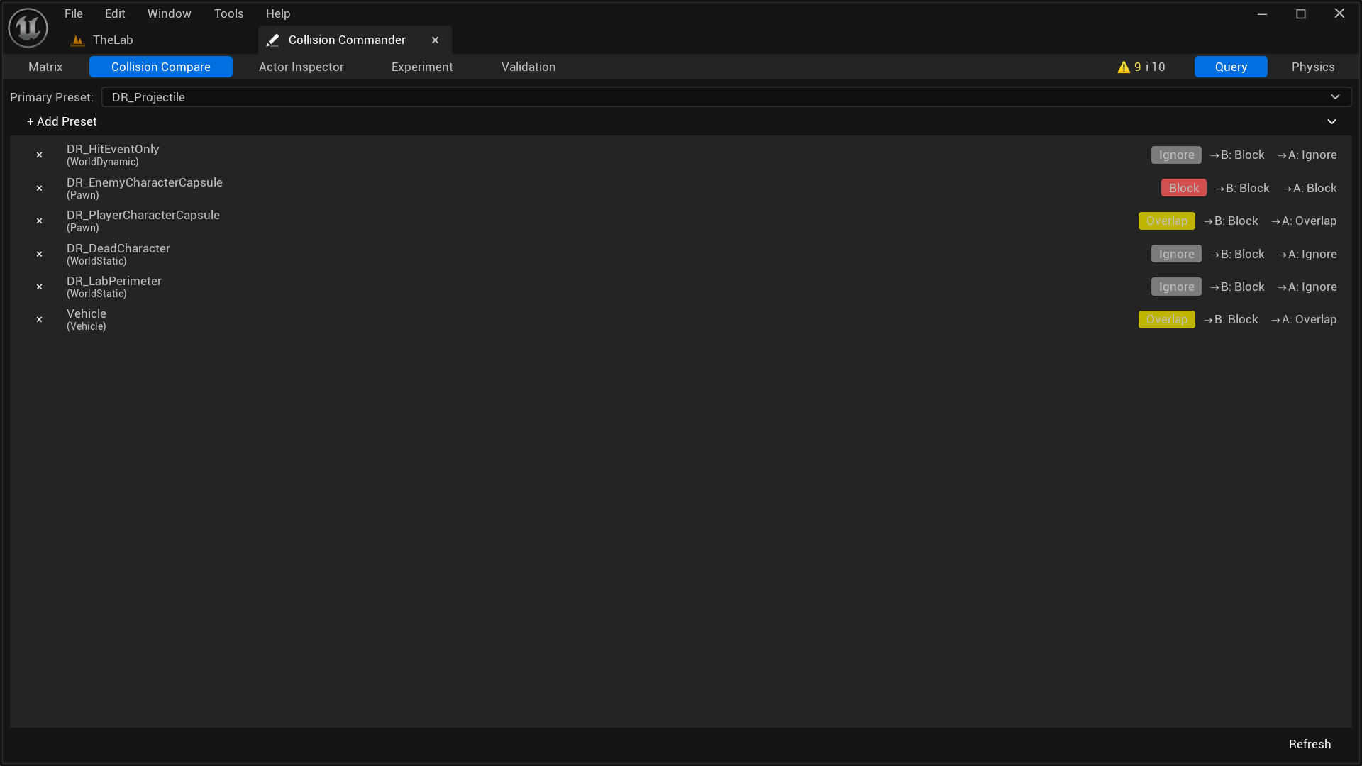 Collision Compare panel in Unreal Editor