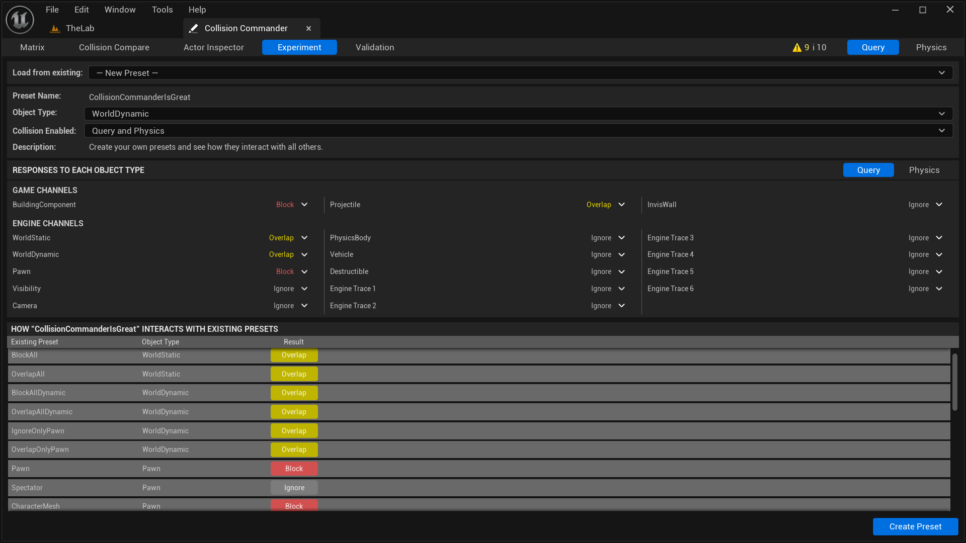 Experiment panel in Unreal Editor