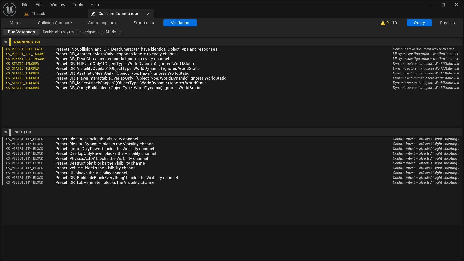 Validation panel in Unreal Editor